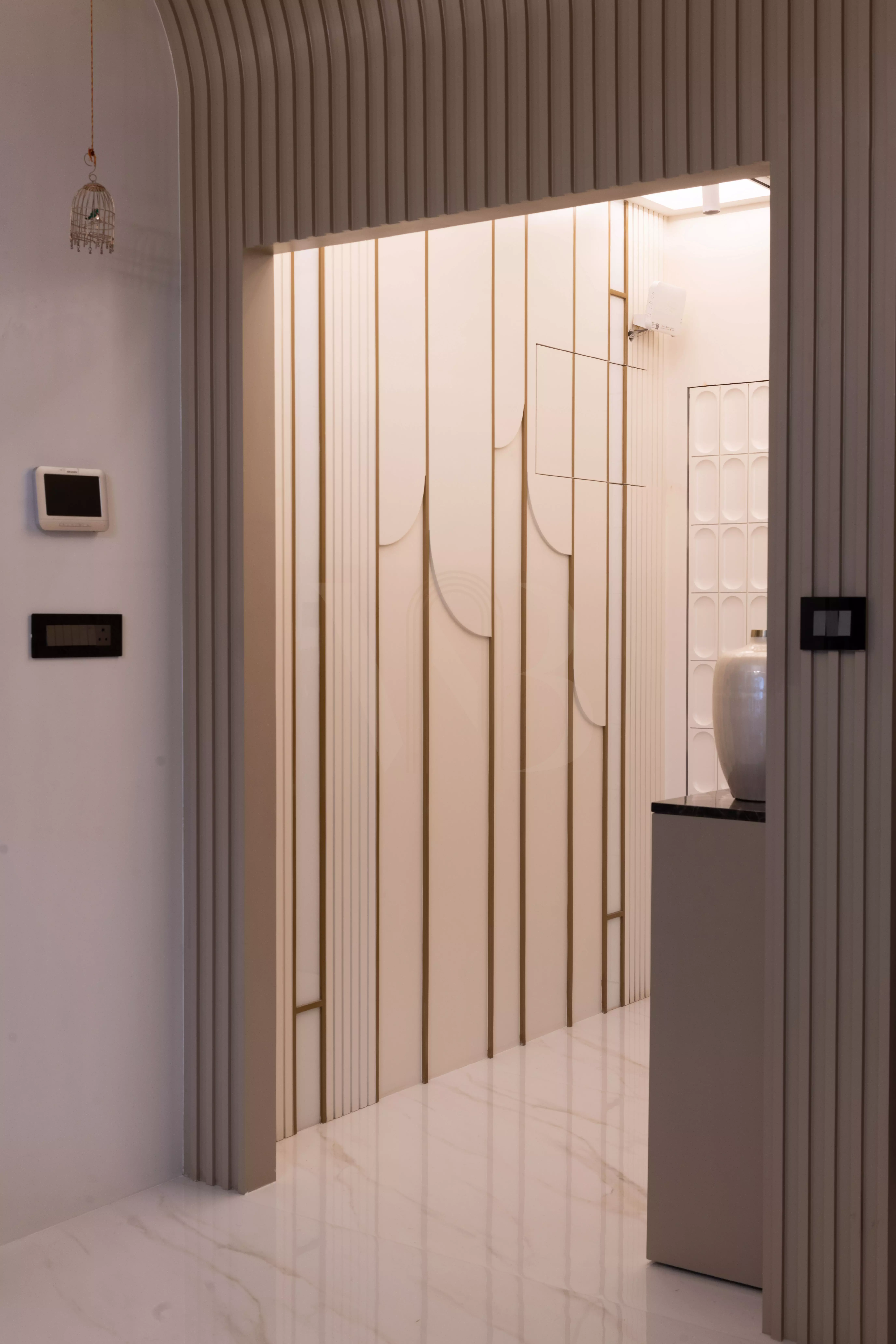 Private lift lobby view and entrance lighting