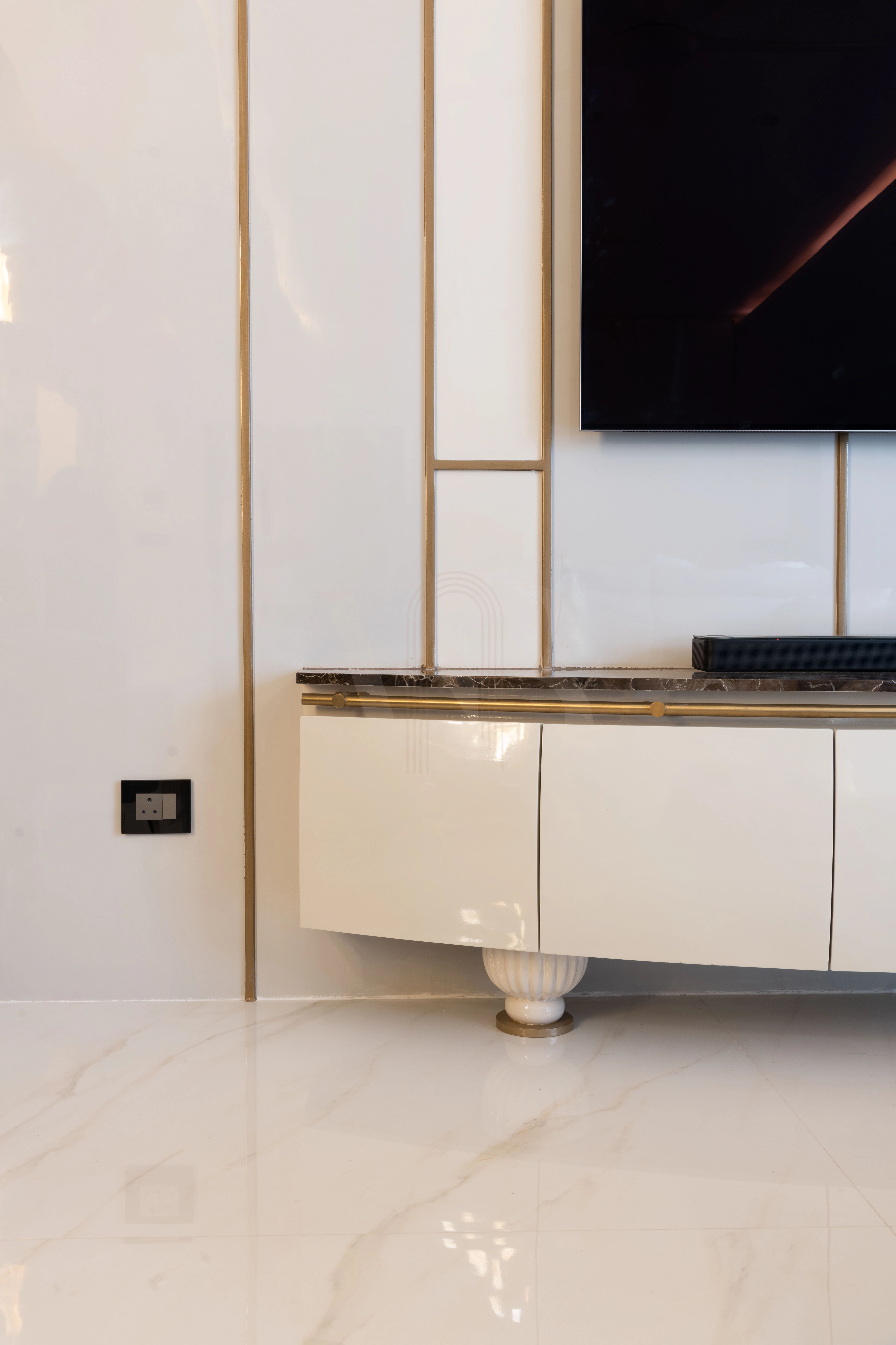 Bespoke wood and brass console furniture detail