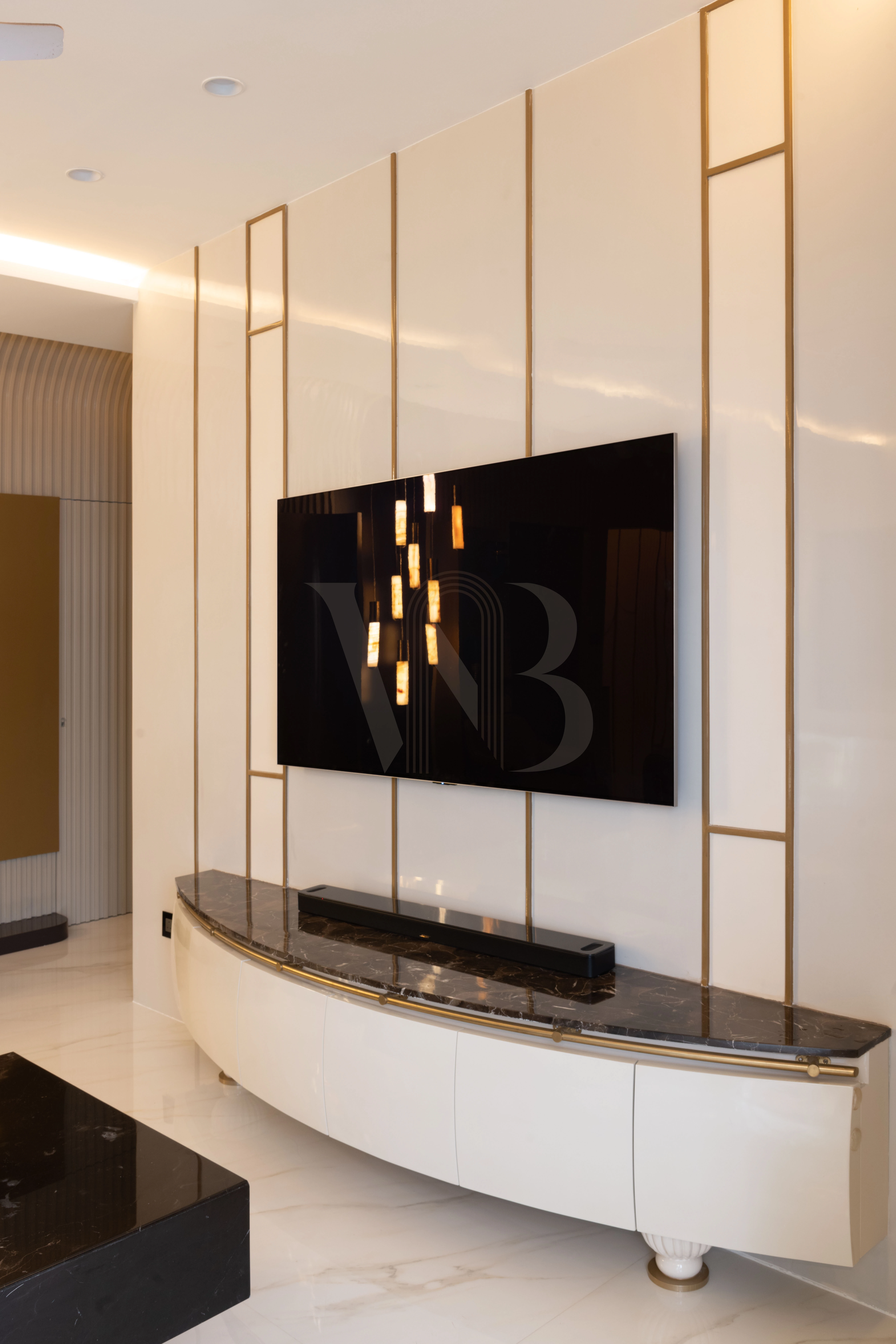 Floating marble TV console and storage
