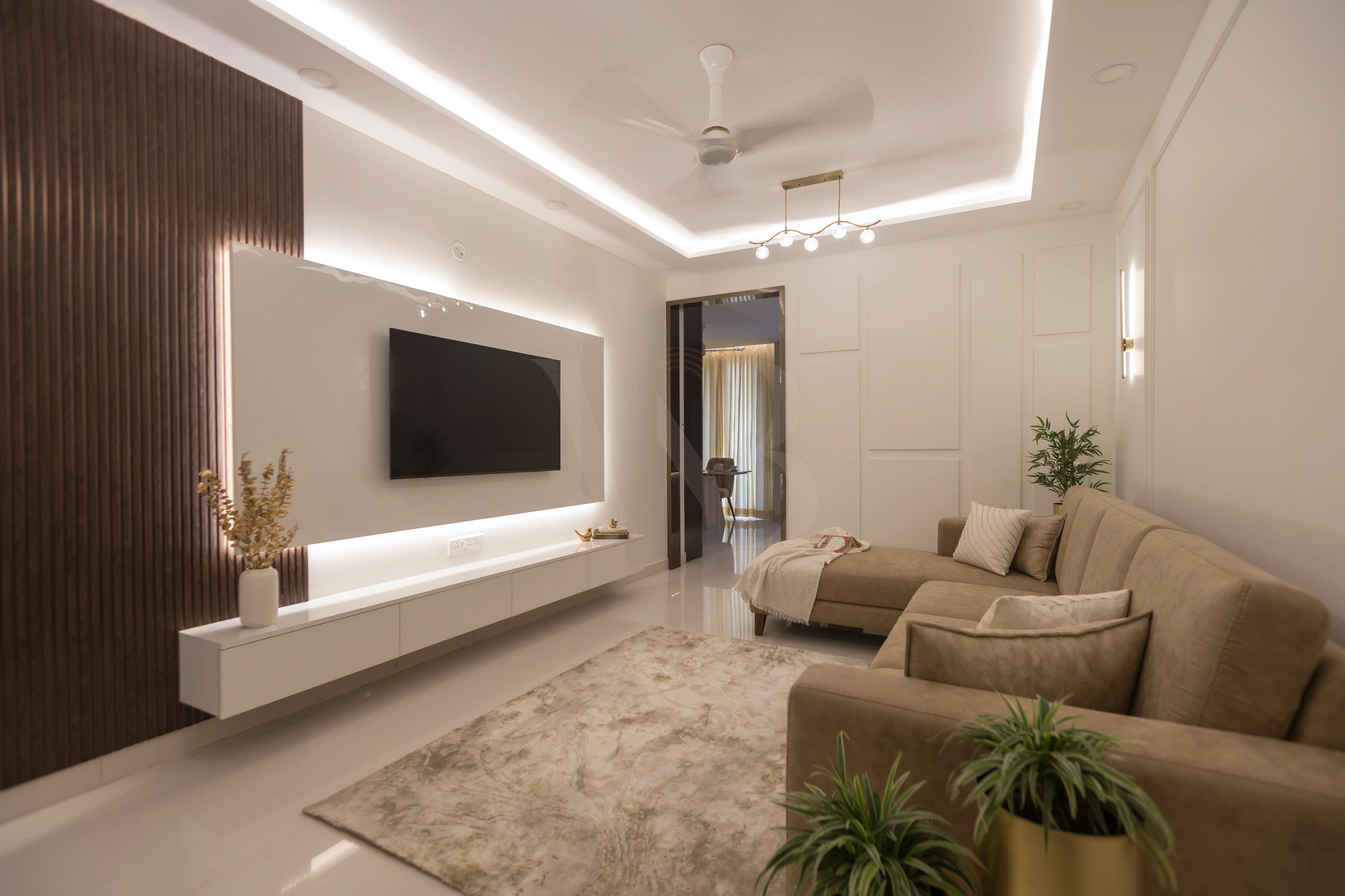 Minimalist TV unit and architectural wall paneling