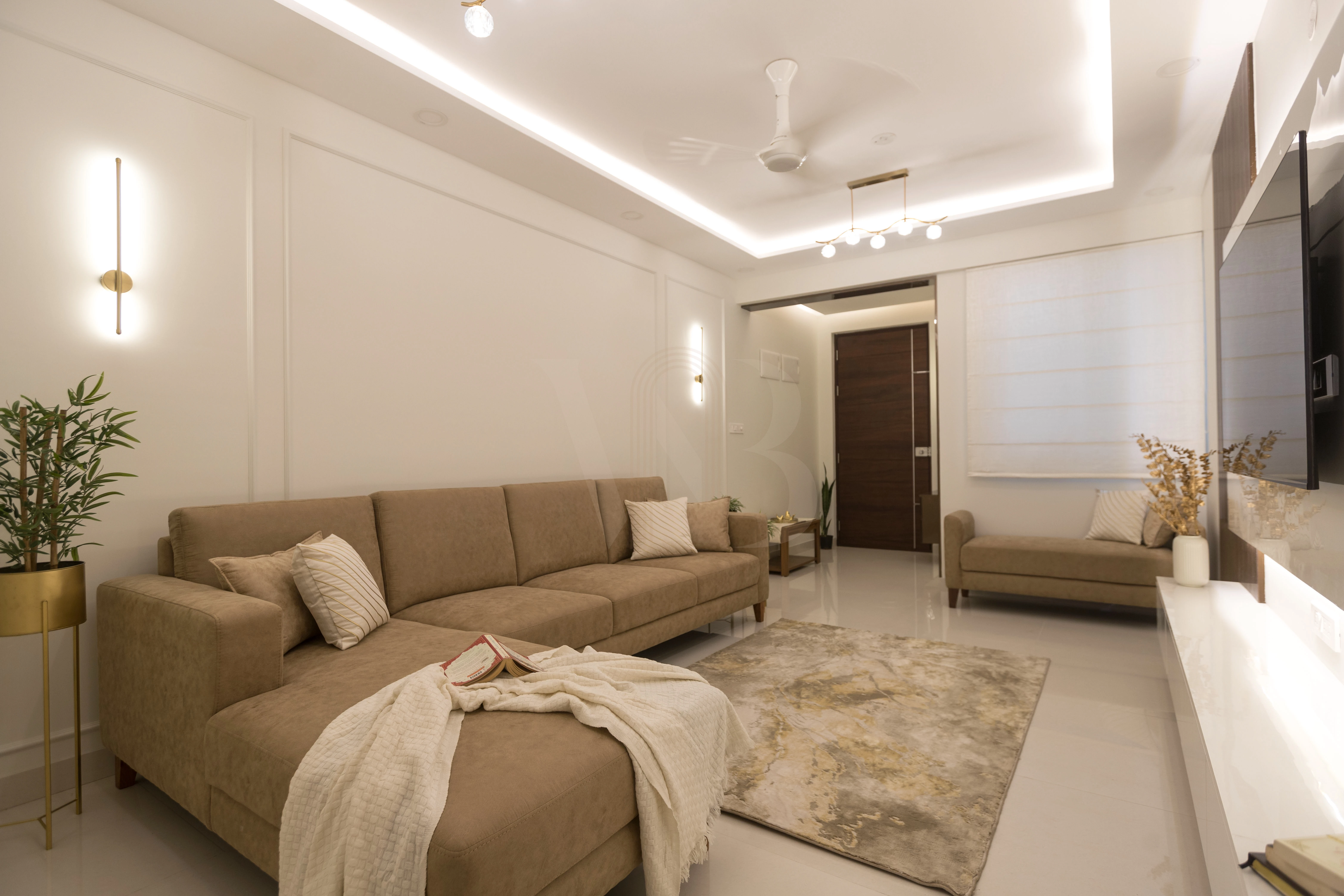 Contemporary living room low-profile seating layout